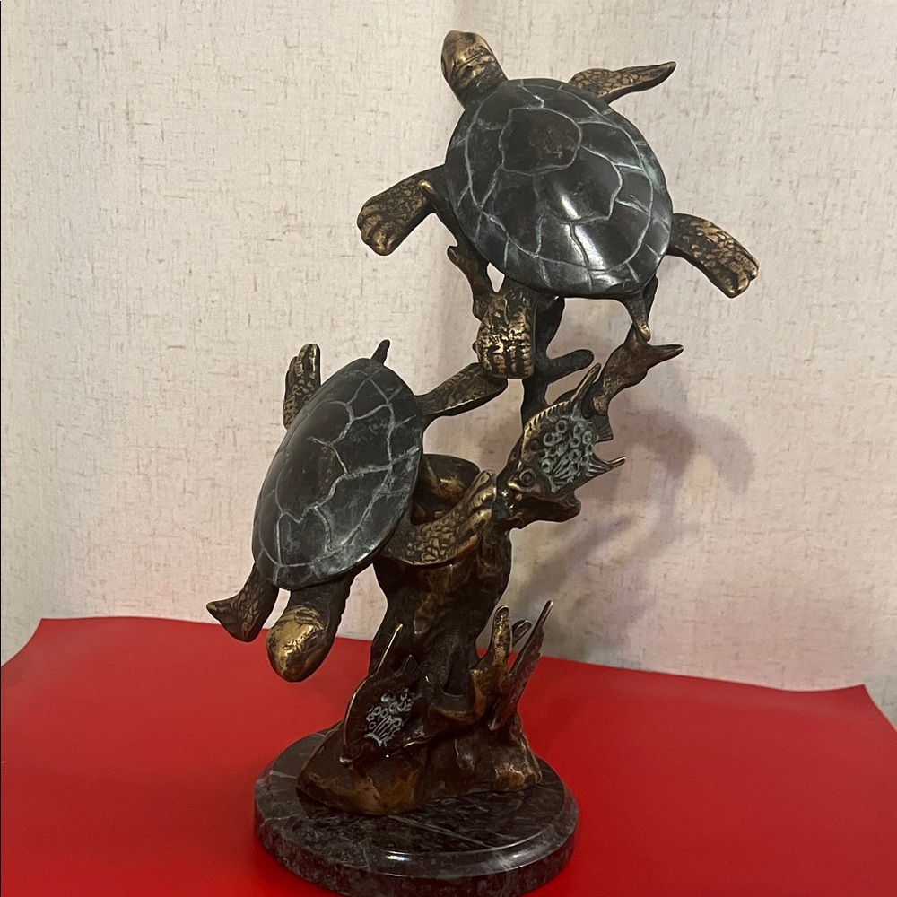 Antiqued Turtle Duet Brass Sculpture Statue Marble Base Nautical